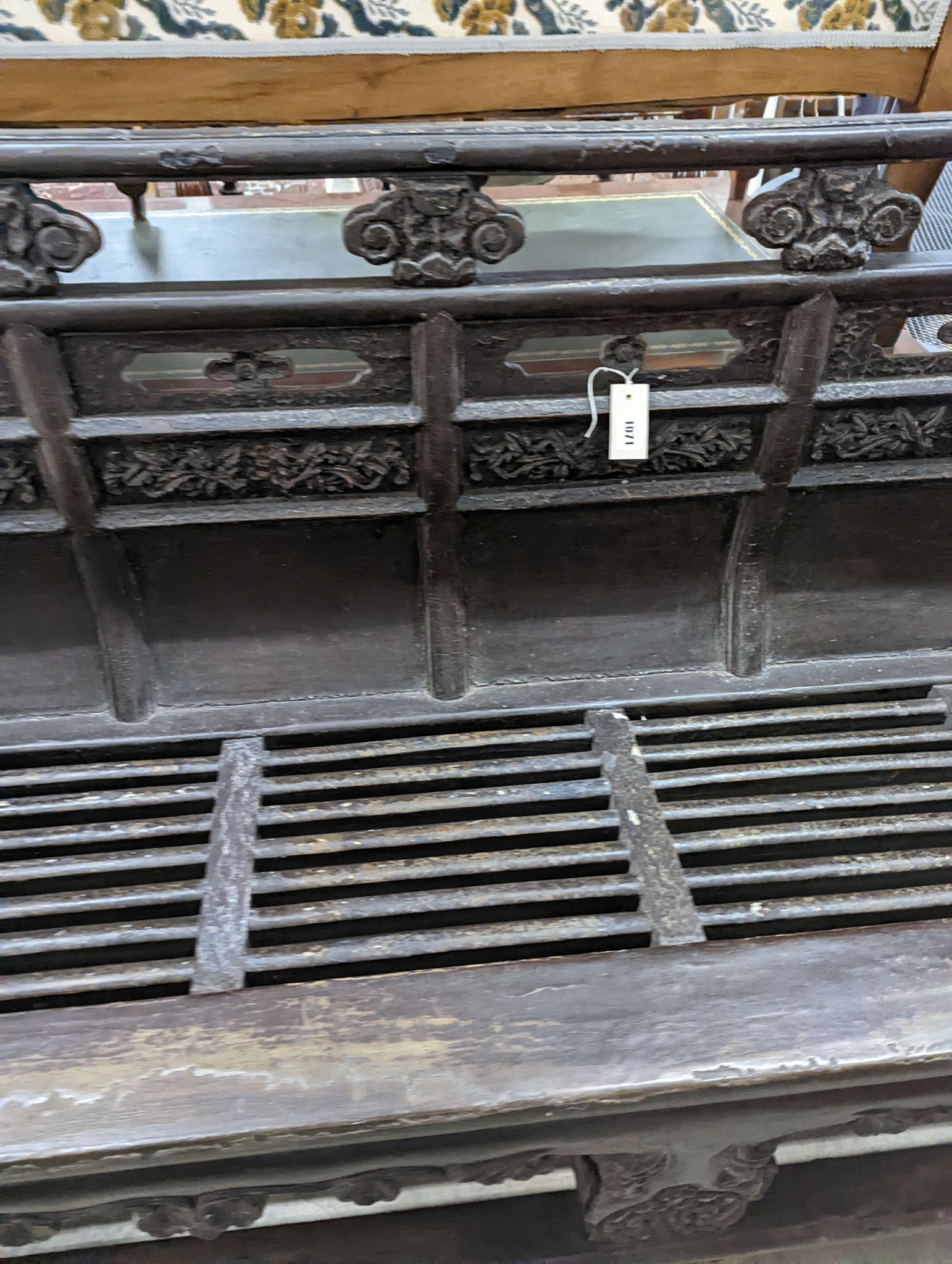 An Asian lacquered opera bench, length 210cm, depth 54cm, height 106cm